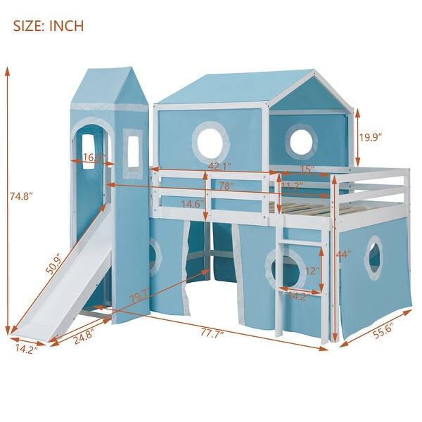 dimension image slide 1 of 2, Wood Loft Bed with Slide, Blue Tent and Tower
