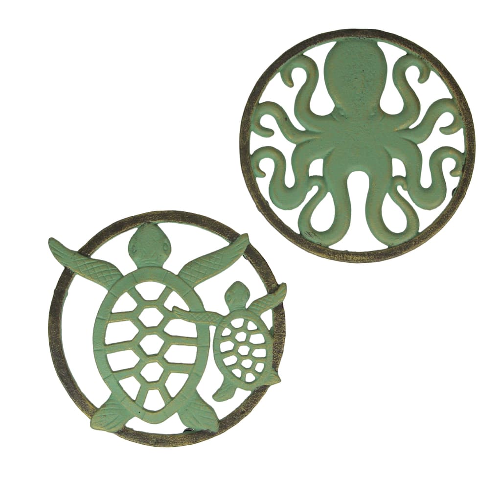 Cast Iron Trivet Set Nautical Octopus & Sea Turtle Design, Verdigris - 8 X 8 X .75 inches