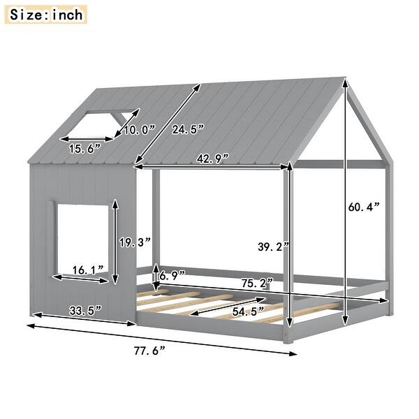 dimension image slide 0 of 4, Full House Bed with Roof & Window - Pine Wood Support for Kids