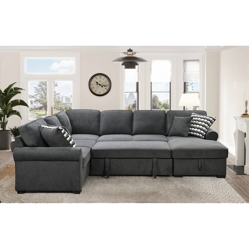 Removable Cushions Sectional Sofa with Storage Chaise and 4 Pillows