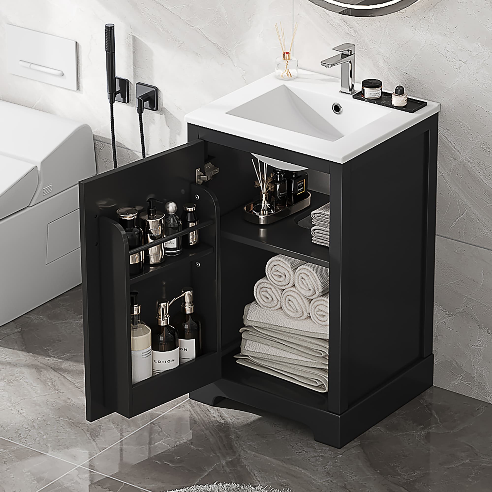 20" Bathroom Vanity with Sink Combo Set, Undermount Ceramic Sink, Small Bathroom Storage Cabinet with Adjustable Shelves, Black