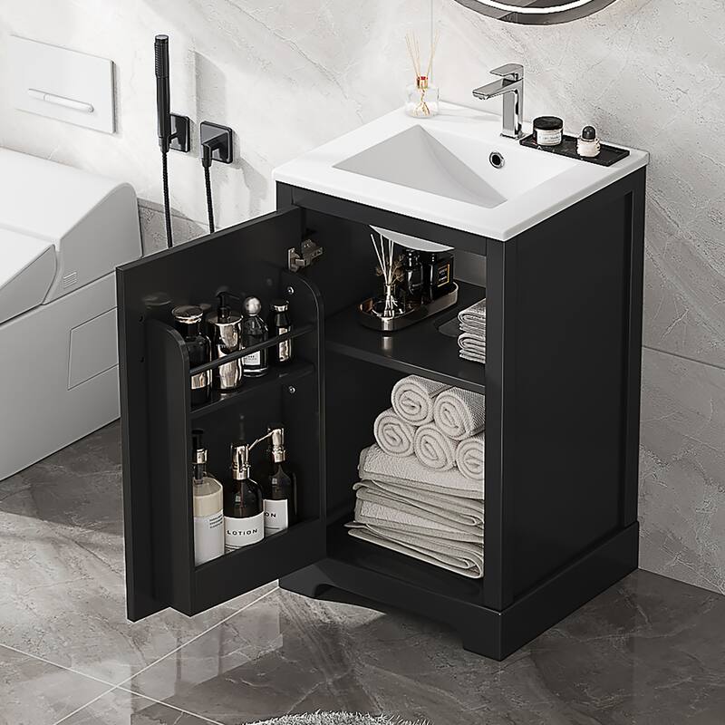 20 in. W Freestanding Bathroom Vanity with White Ceramic Sink and Storage Rack - Black