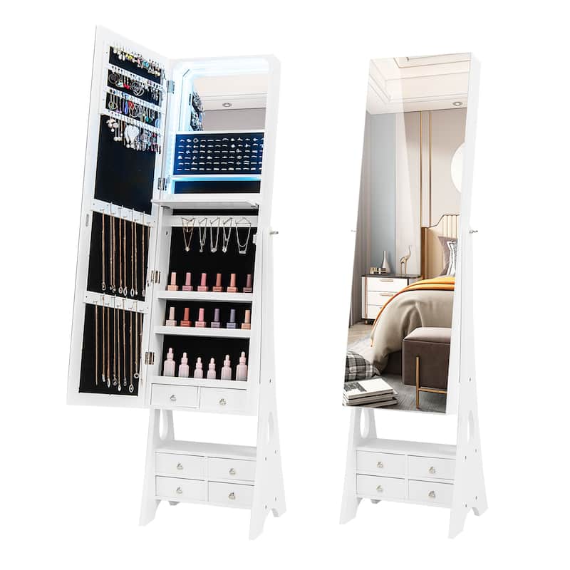 Gymax Jewelry Armoire w/ Full Length Mirror Freestanding Jewelry - White