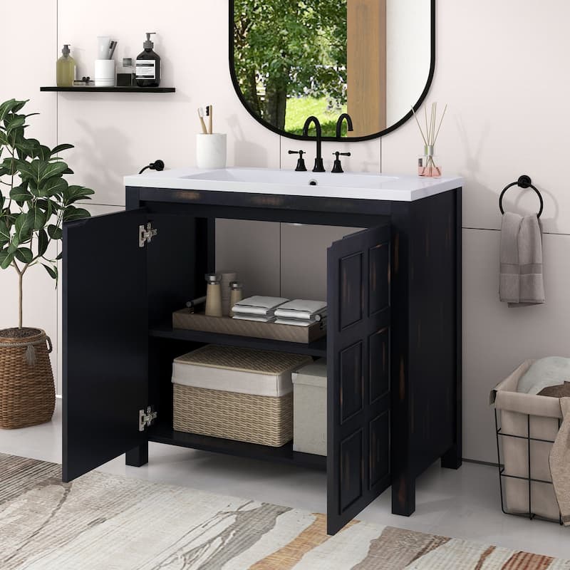 36 inch Freestanding Bath Vanity in Retro Espresso with White Ceramic Top