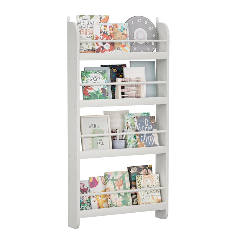 4-Tier Kids Bookshelf, Wall Mounted Kids Bookcases Organizer for Toys and Books - White