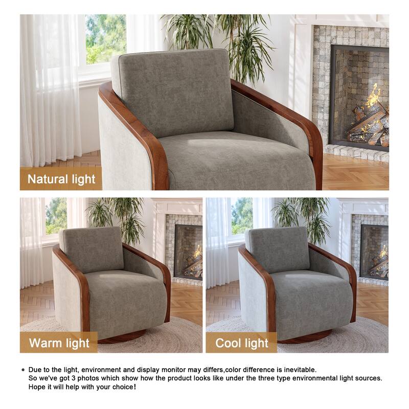 Upholstered Swivel Barrel Chair with Curved Wood Arms