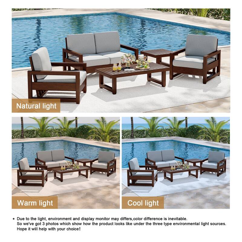 5-Piece Patio Wood Conversation Set with Loveseat, Chairs and Tables