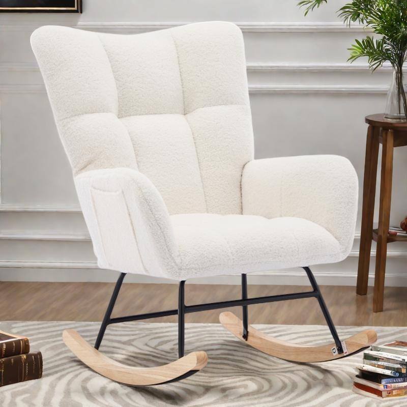 Teddy Fabric Rocking Chair with Solid Wood Legs and High Backrest - White