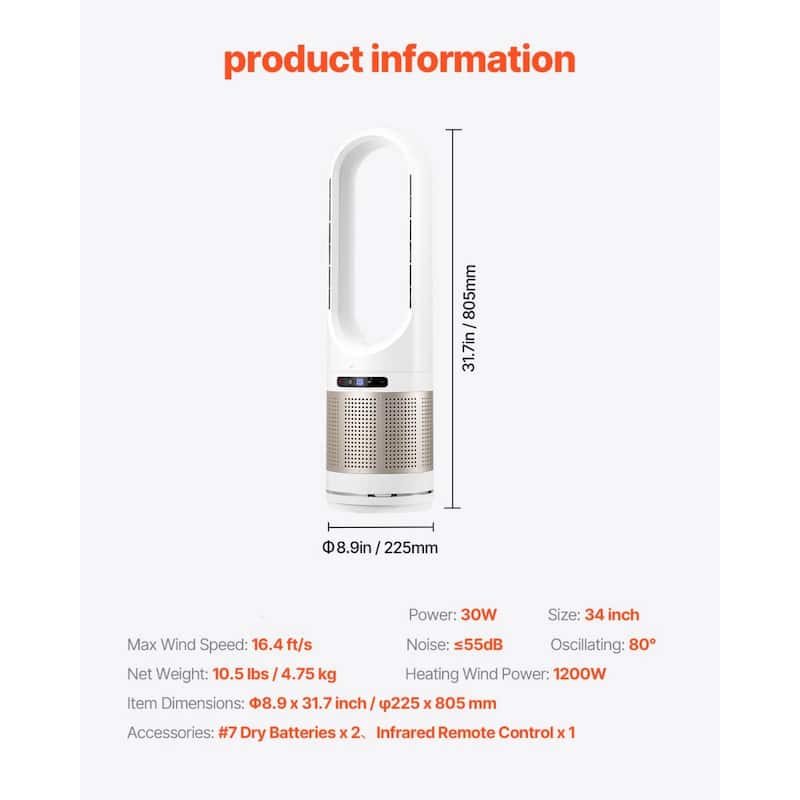 30W Oscillating Tower Fan with 1200W Heating and 8-Speed Settings HEPA Filter for Home or Office - 34 inch