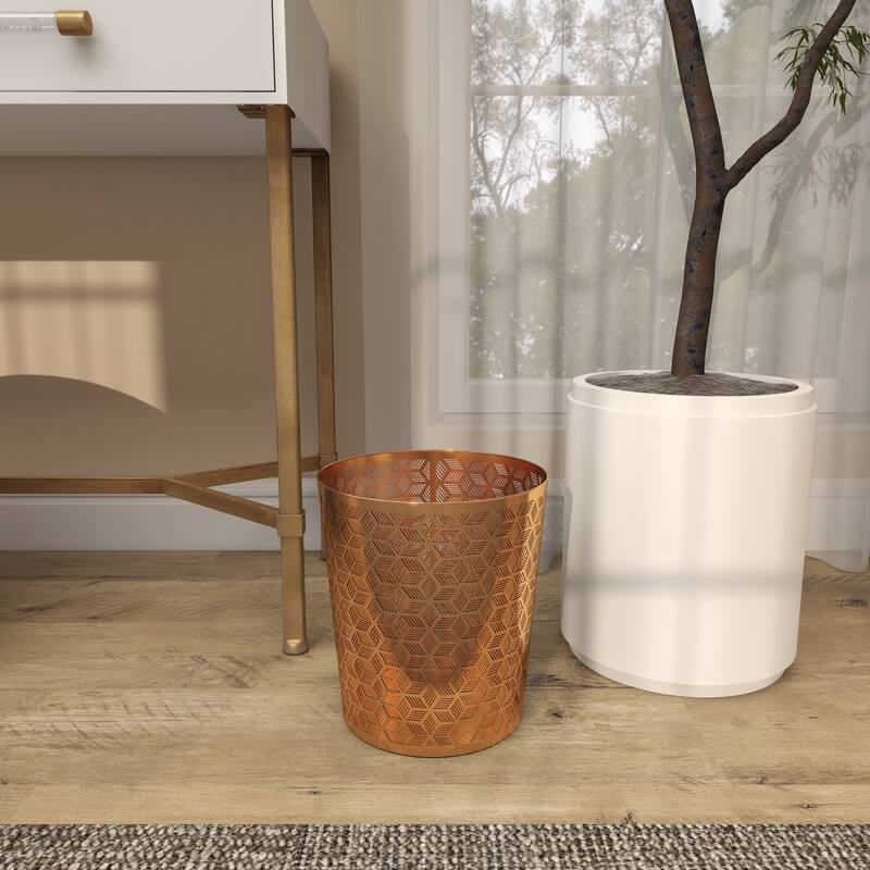CosmoLiving by Cosmopolitan Gold Metal Small Waste Bin with Laser Carved Floral Design - 9 x 9 x 10