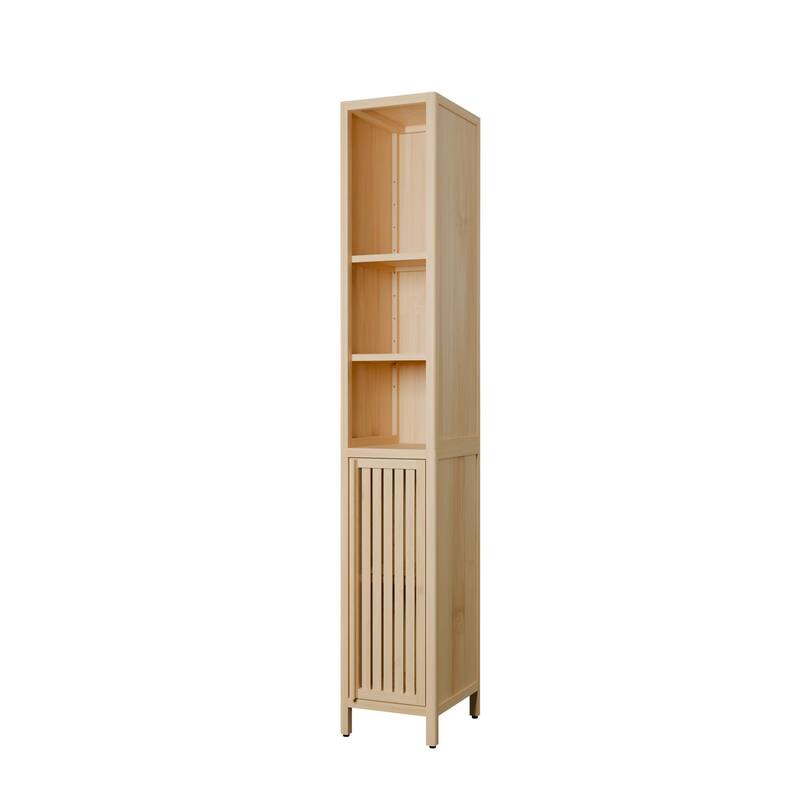 Anmytek Natural Bamboo Slim Tall Bathroom Storage Cabinet, Large Capacity Narrow Organizer with Open Shelves