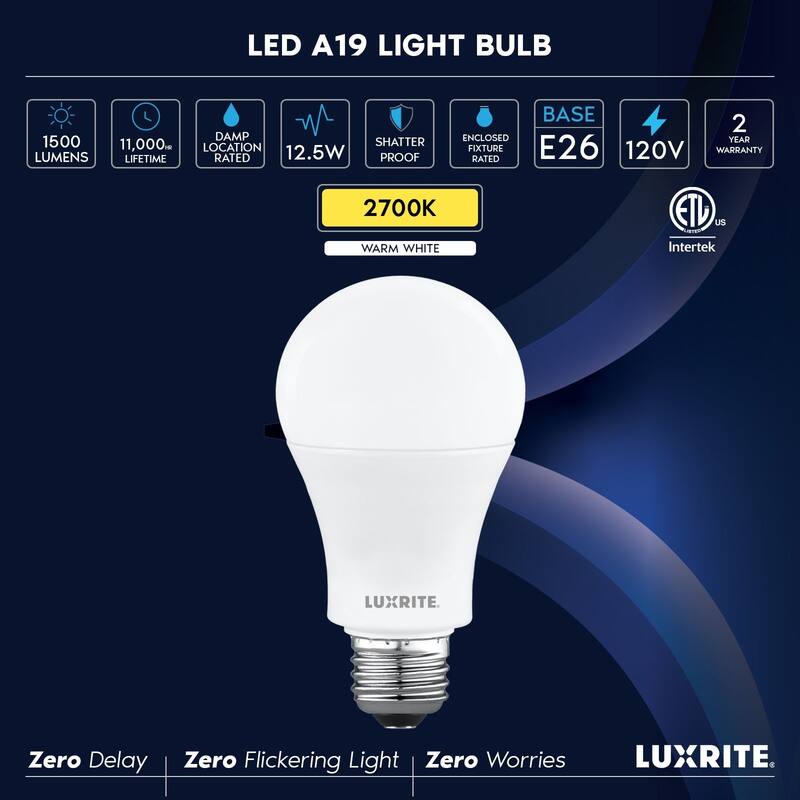 Luxrite A19 LED Light Bulb 12.5W=100W 2700K 1500LM Non-Dimmable E26 Damp Rated ETL Listed 16 Pack - Warm White