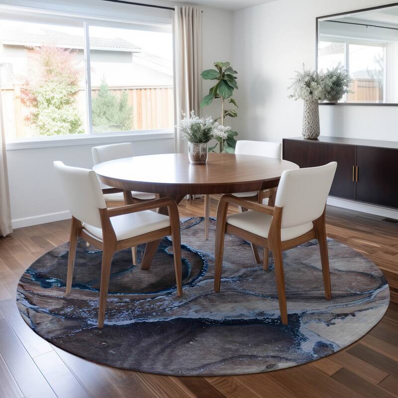 Machine Washable Indoor/ Outdoor Abstract Chantille Rug - Navy - 8' x 8'