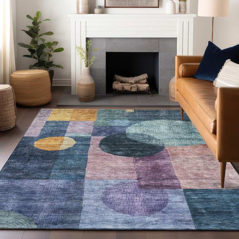 Machine Washable Indoor/ Outdoor Abstract Geo Chantille Rug - Blue - 5' x 7'6"