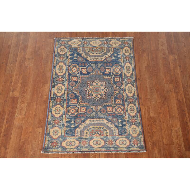 Blue Geometric Kazak Accent Rug Hand-Knotted Wool Carpet - 2'9" x 4'0"