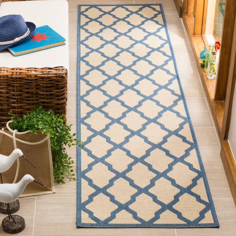 SAFAVIEH Linden Shirleyann Trellis Indoor/ Outdoor Patio Backyard Rug - 2'2" x 8' Runner - Cream/Blue