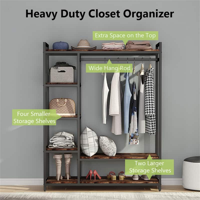 Brown/ Black Wood Industrial Clothing rack with shelves, 5-Tier Clothes Garment Rack Closet Organizer System with Hanging Rod
