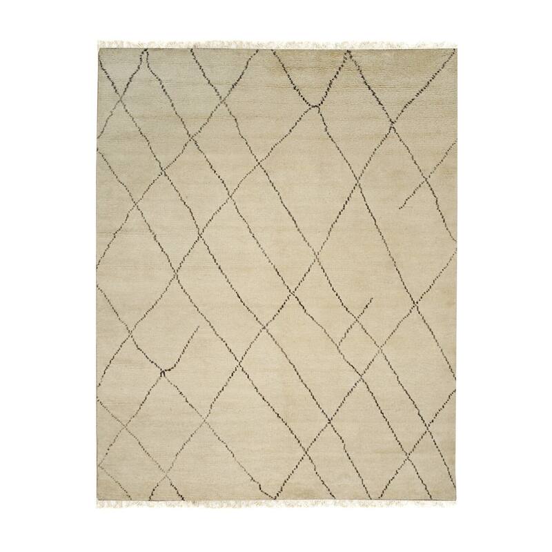 Beige Hand Knotted Wool Traditional Modern Moroccan Rug, 8' x 10', Elegant Cozy Floor Covering - L