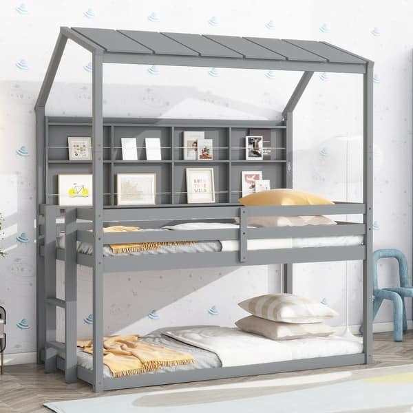 slide 2 of 16, Twin Size House Loft Bed with Guardrails, Semi-enclosed Roof, Bedside Shelves and Ladder Grey