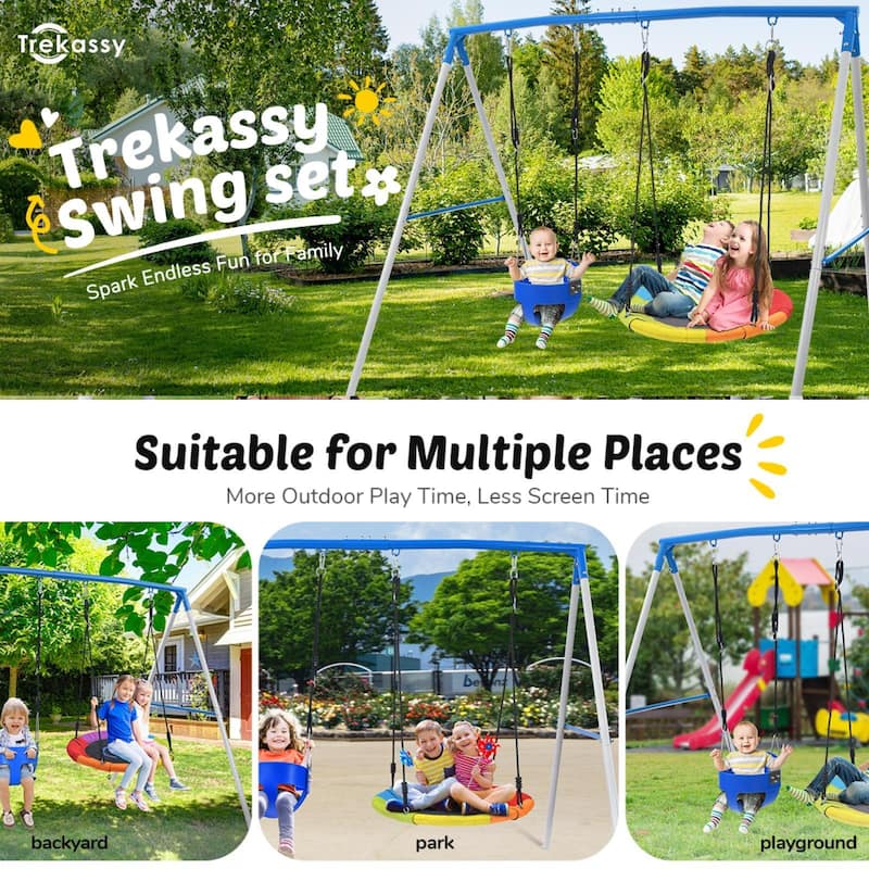 Heavy Duty A-Frame Metal Swing Set for Backyard with Toddler Swing, Saucer Swing for Kids