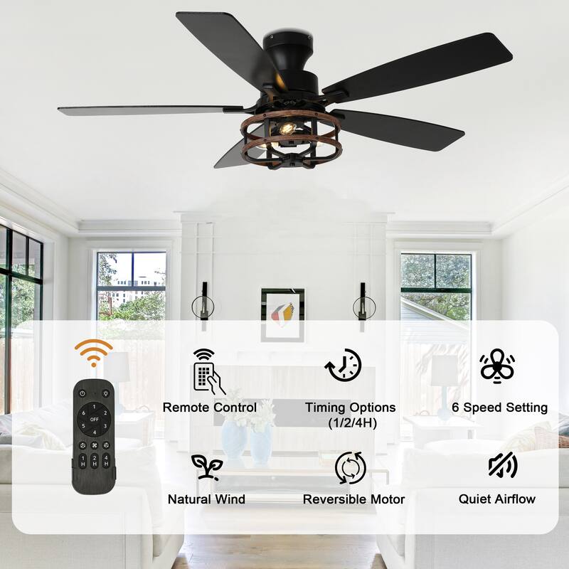 Bella Depot 52" Black Industrial Flush Mount Ceiling Fan with Light and Remote 6-speed Reversible DC Motor Low Profile Fan