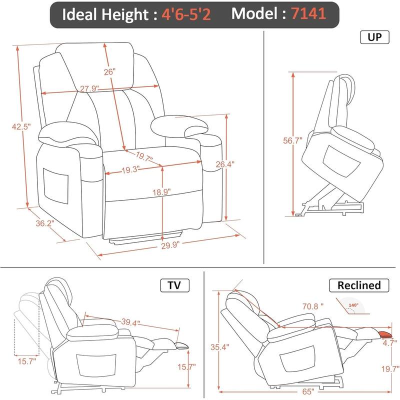 MCombo Small Power Lift Recliner Chair Sofa with Massage and Heat, 3 Positions and USB Ports Extended Footrest, Fabric 7141