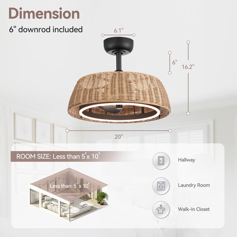 20" Rattan Caged Ceiling Fan with Dimmable LED Light and Remote(3-Blade)