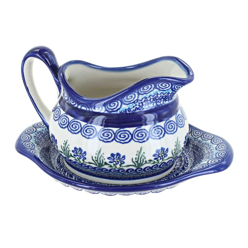 Blue Rose Polish Pottery 128-129 Vena Gravy Boat & Plate - Charleston