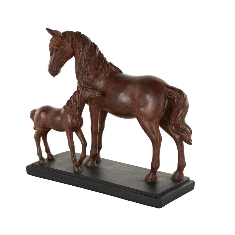 Dark Brown Ceramic Mom and Baby Horse Decorative Sculpture with Black Rectangle Base