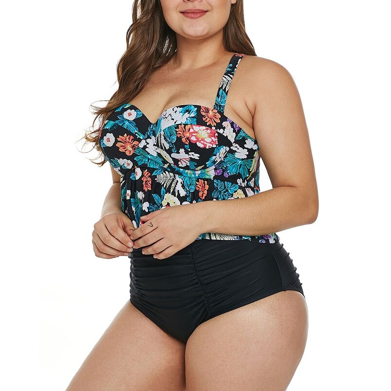 AMOUSTORE Womens Plus Size Swimsuit Two Piece Bathing Suits Floral Printed Tankini Swim Dress