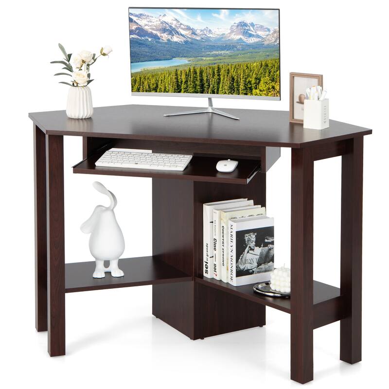 Costway Wooden Corner Desk With Drawer Computer PC Table Study Office - Brown