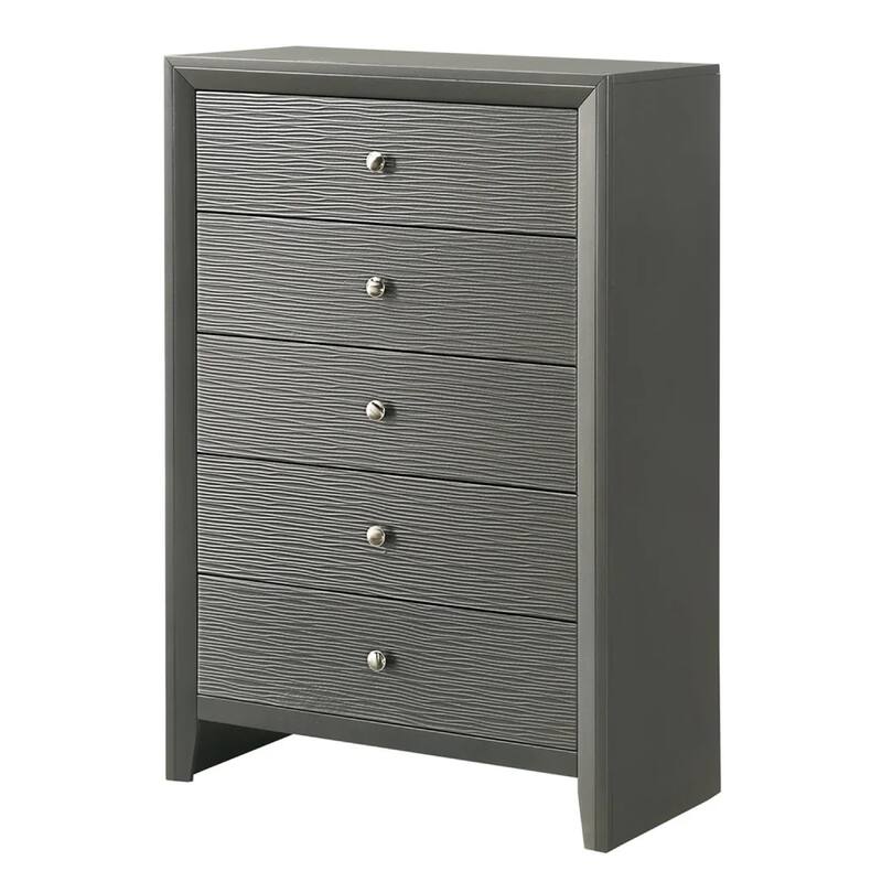 Deny Tall Dresser Chest, 5 Drawers, Silver Round Knobs, Metallic Gray Wood