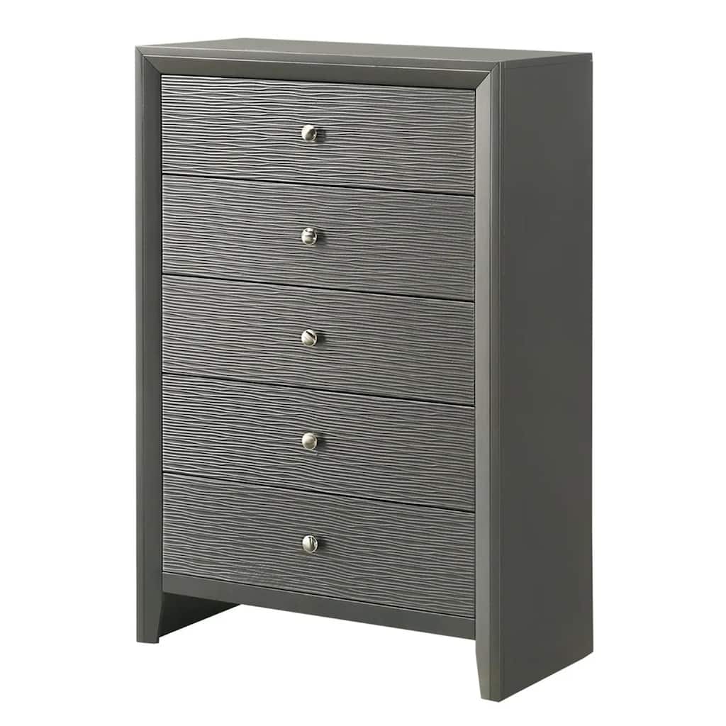 Deny Tall Dresser Chest, 5 Drawers, Silver Round Knobs, Metallic Gray Wood