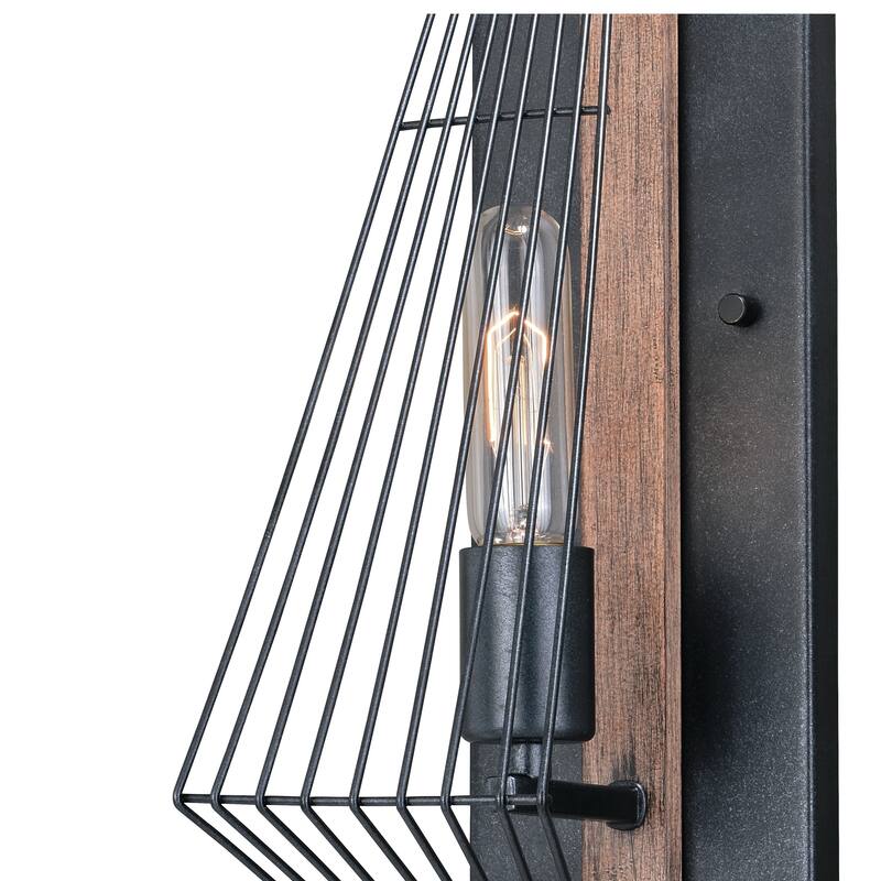 Dearborn 1 Light Black Oak Geometric Wire Cage Flush Wall Sconce - 4.5-in W x 21.5-in H x 8-in D