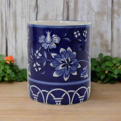 Euro Ceramica Blue Garden Utensil Holder - 6.1 in. x 6.1 in. x 7.4 in.