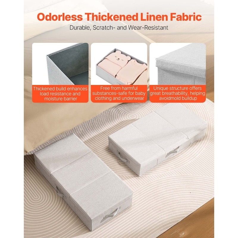 Set of 2 Grey Linen Under Bed Storage Bags Foldable Clothes Organizer with Reinforced Handles - 31.7 x 15.9 x 6.1 inch