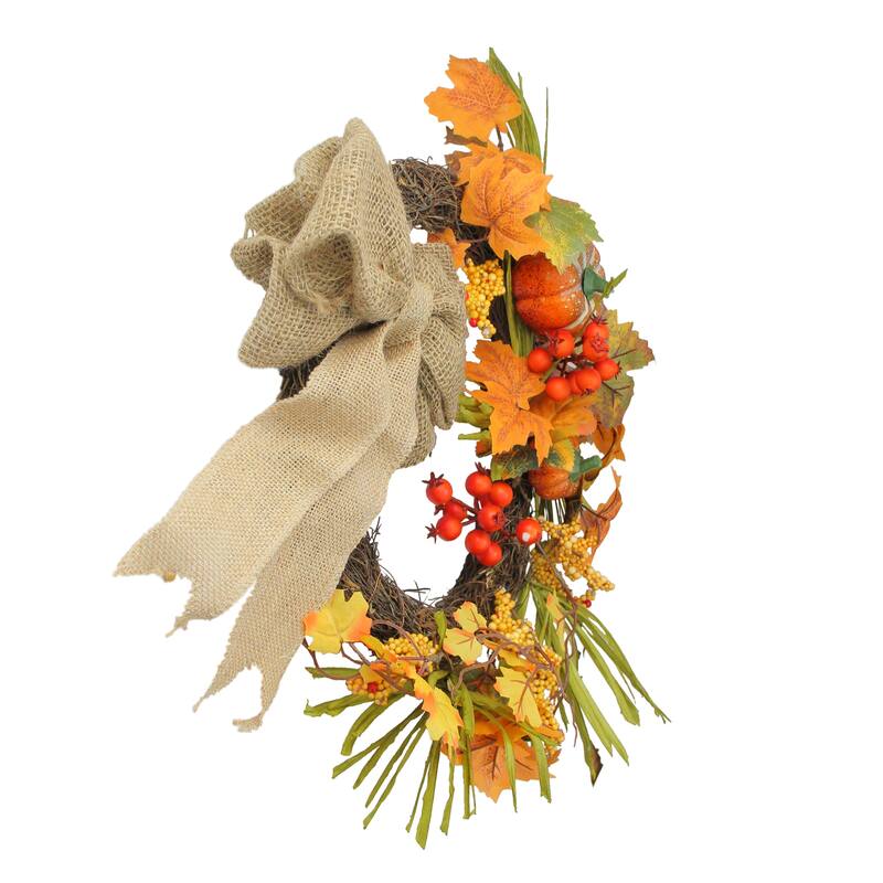 Orange Pumpkins Berries with Bow Artificial Wreath - 20-Inch, Unlit