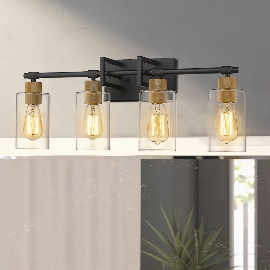 4-Light Bathroom Vanity Light ,Black and Antique Gold Finish with Clear Glass Shade - N/A