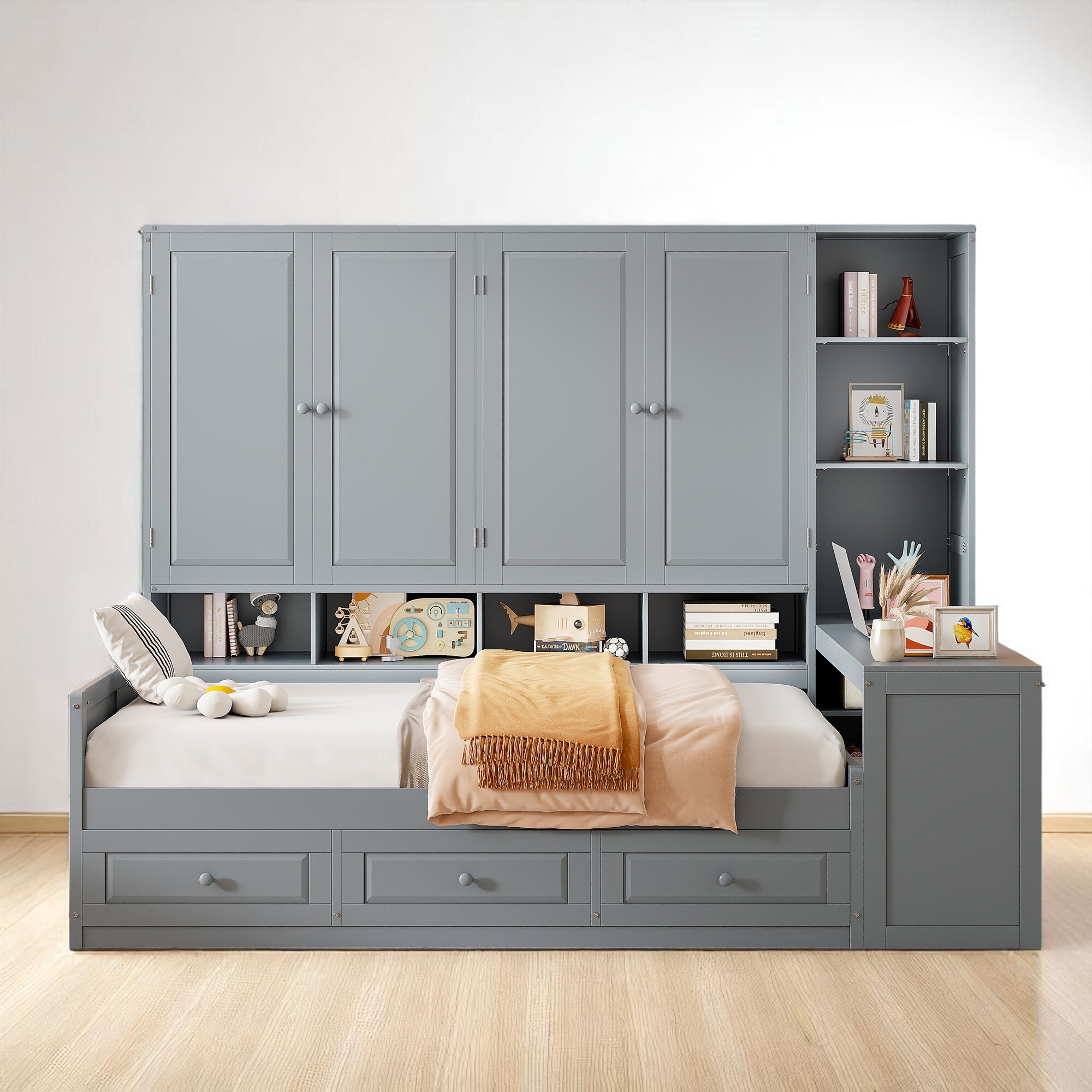 Multi-Functional Wooden Daybed with Storage, Desk, and Shelving for Twin/Full Size