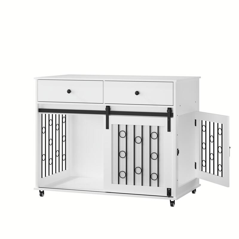 39.37" Dog Crate Furniture with Double Drawers and Sliding Barn Door, Decorative Pet Kennel End Table with Lockable Wheels