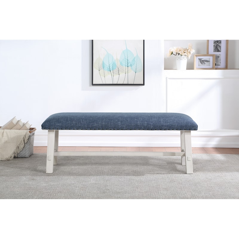 OS Home and Office Furniture Callen Bench with White Wash Frame and Antique Bronze Nailhead Trim in Navy Fabric