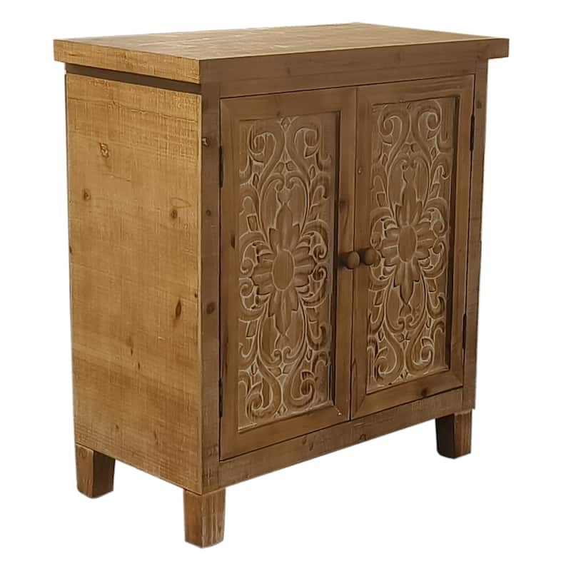 Farmhouse Wood Storage Cabinet with 2 Carved Design Doors and a Movable Shelf
