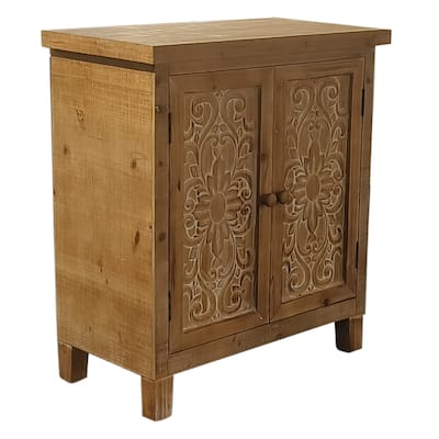 Farmhouse Wood Storage Cabinet with 2 Carved Design Doors and a Movable Shelf