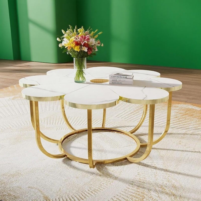 Beige and Gold Floral Coffee Table with Marble Pattern Scratch Resistant Top and Gold Coated Metal Frame