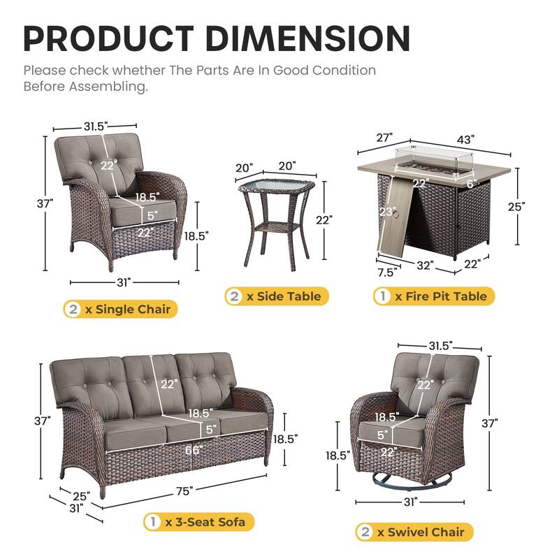 Gymojoy Outdoor Wicker Patio Furniture Sofa Set with 55,000 BTU Fire Pit Table, Swivel Chairs & Thick Cushions