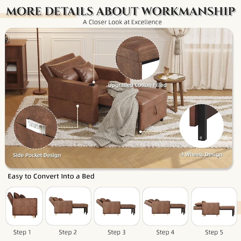 AECOJOY Sleeper Chair Extra Wide Convertible Chair Bed 3-in-1 Pull Out Single Sofa