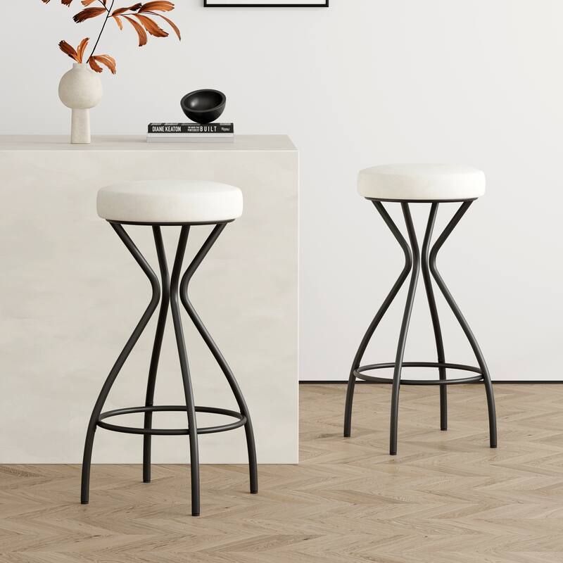Set of 2 Modern Backless Bar Stools, Round Upholstered Velvet Counter Stools for Kitchen Island - Black & Creamy White