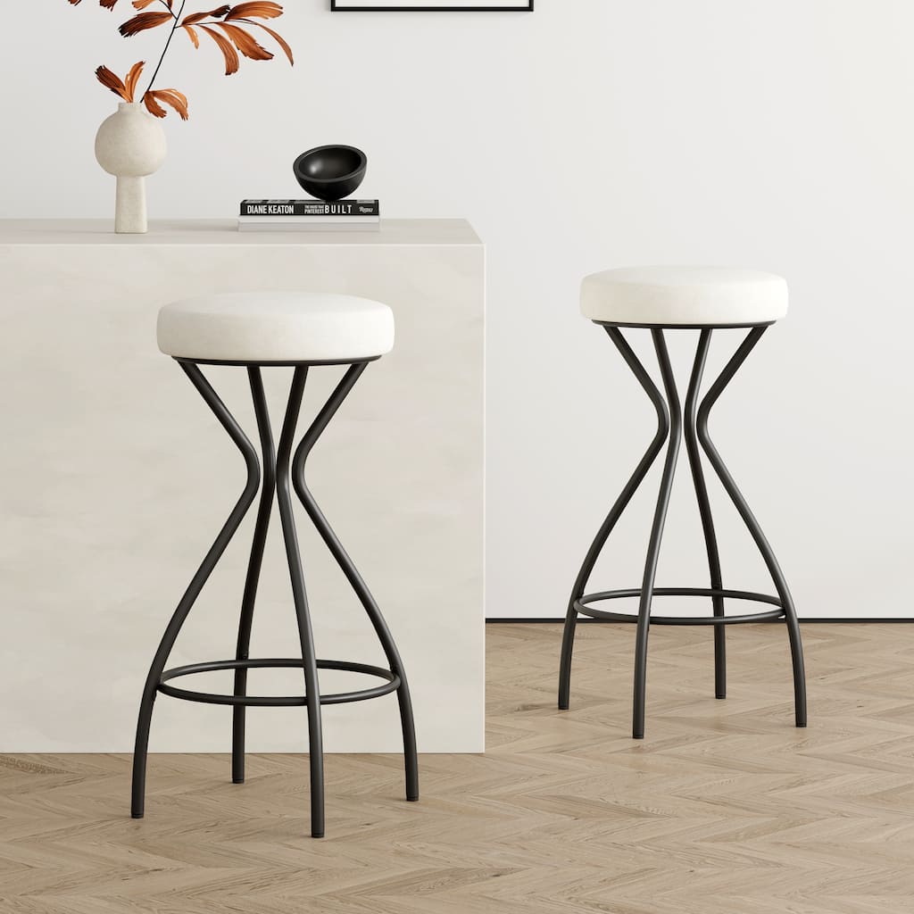 Set of 2 Modern Backless Bar Stools, Round Upholstered Velvet Counter Stools for Kitchen Island - Black & Creamy White
