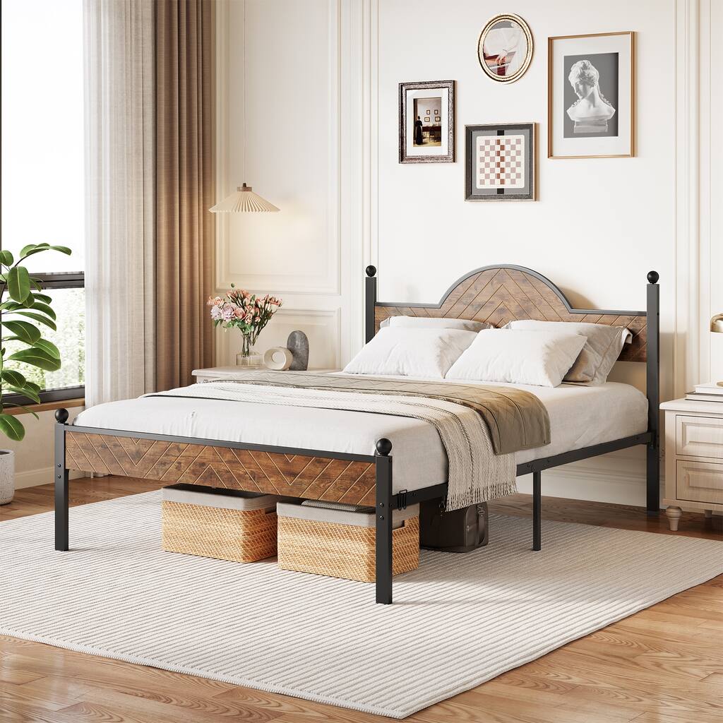 Queen Size Rustic Platform Bed Frame with Wood Headboard and Footboard