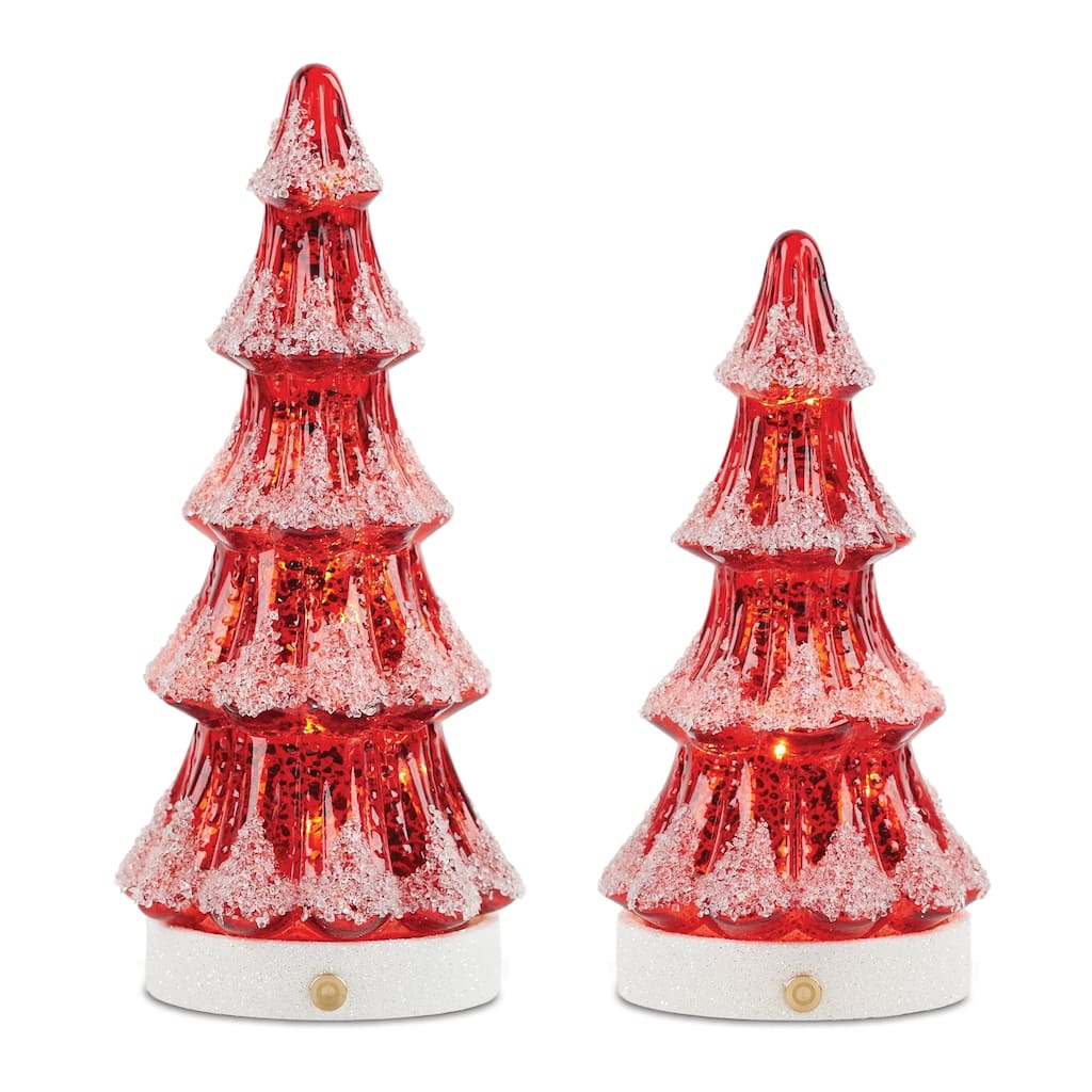 Glass LED Pine Tree Set of 2 with Mercury Finish and Snowy Accents - 4.5” x 4.5” x 10” (L x W x H)